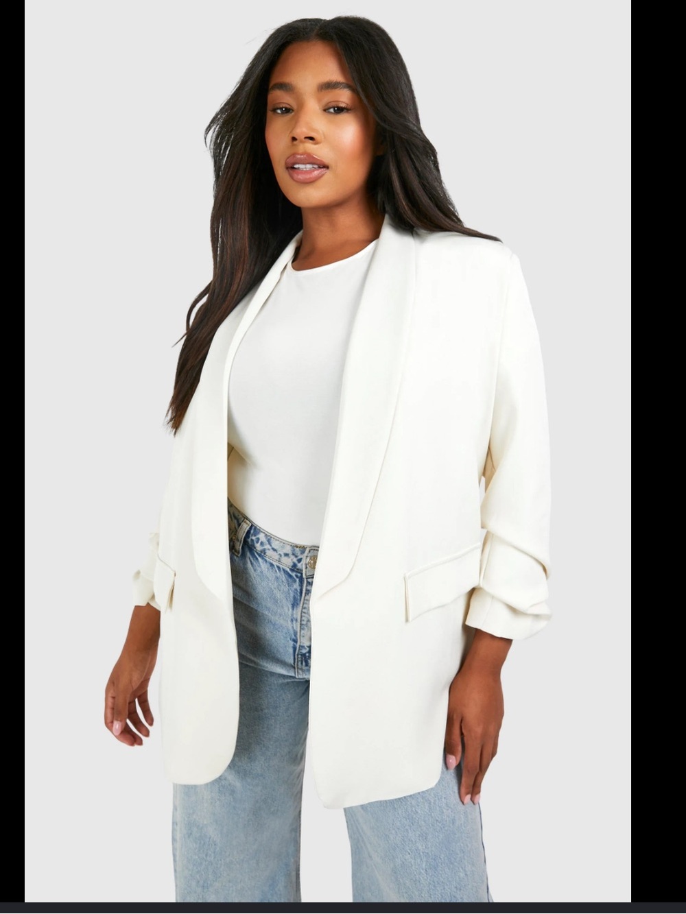 Boohoo Ivory Ruched Sleeve Lapel Blazer